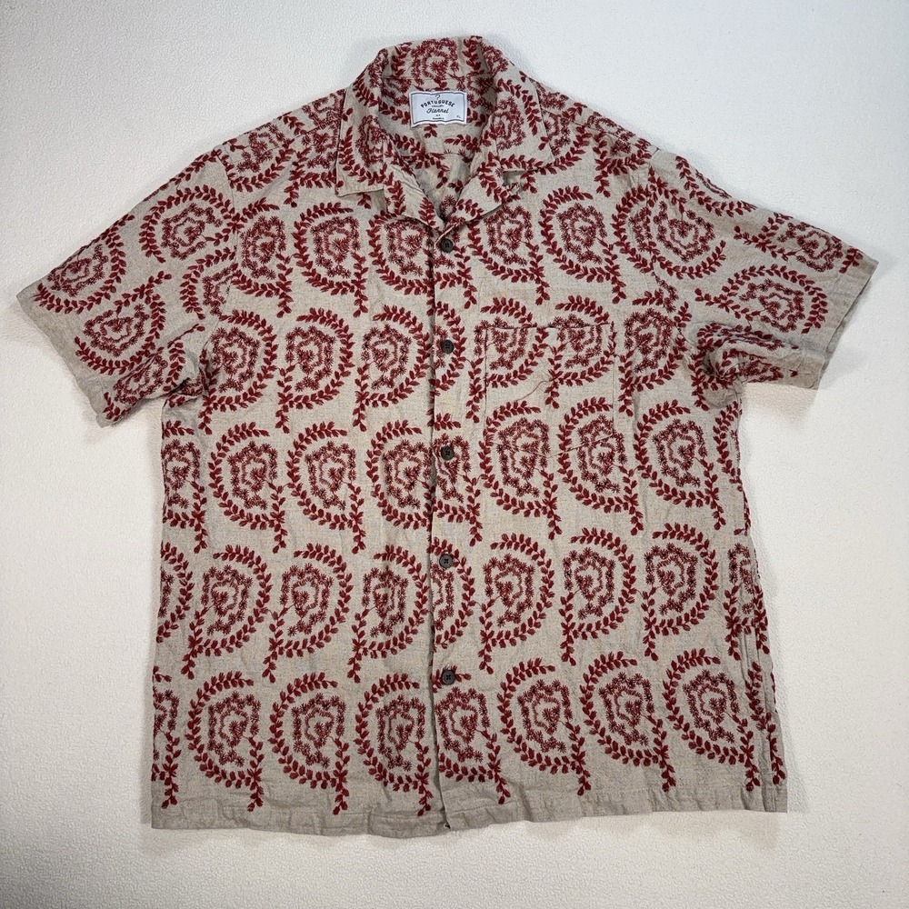 Portuguese Flannel Tapestry Linen Shirt Men's XL Khaki Red Floral‎ Loop Collar